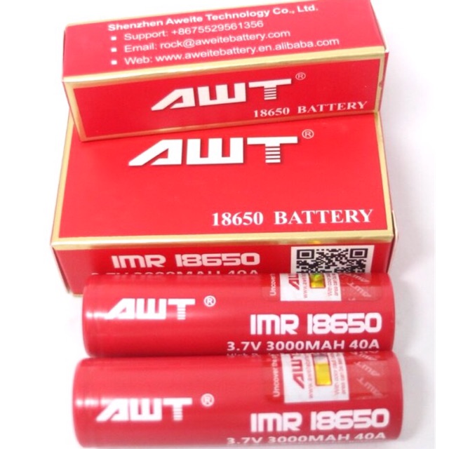 ถ่านชาร์จ awt แดง โปรโมชั่นพิเศษ ก้อนละ 95 บาท AWT 18650 3.7V 40 A