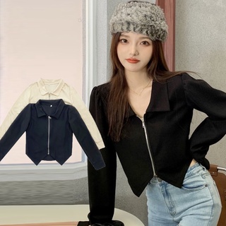 💥HOT SALE💥เสื้อแขนยาวคอปก ซิปหน้า ชายเสื้อตัดแหลม 2 สี