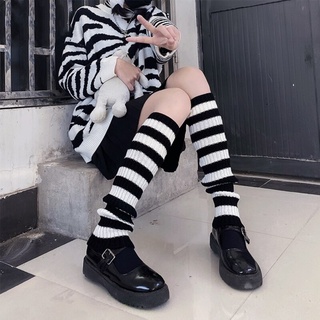 Harajuku Striped Knit Long Socks Japanese Boot Stockings Women Punk Knee High Elastic Leg Warmers Gothic Hip-hop Lolita Socks