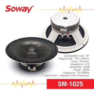 Soway SM-1025 ลำโพง เสียงกลาง ขนาด 10นิ้ว แม่เหล็ก 145x20 mm. 4Ω Power 500W ลำโพงรถยนต์ Midrange speaker 1ดอก