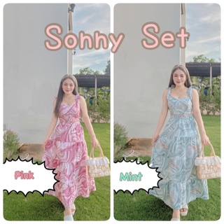 Sonny Set ☀️Set 2 ชิ้น สายเดี่ยวผูกไหล่ สม้อกหลัง + กระโปรงยาว เอวยืดรอบ เนื้อผ้าไหมอิตาลีพิมพ์ลายดอกกุหลาบ