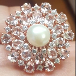 แหวนเงินแท้925 มอแกไนท์แท้ มุกแท้ ทำสีพิ๊งโกลด์ (Natural Morganite + Creamy White Pearl Ring) size 7