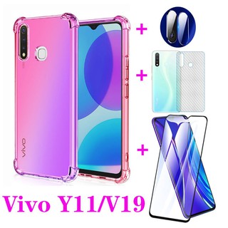 (4 in 1)  vivo Y11 V19 Y12 Y15 Y17 Y19 tempered glass film + lens film + four corners anti-drop gradient mobile phone case + carbon fiber back cover film