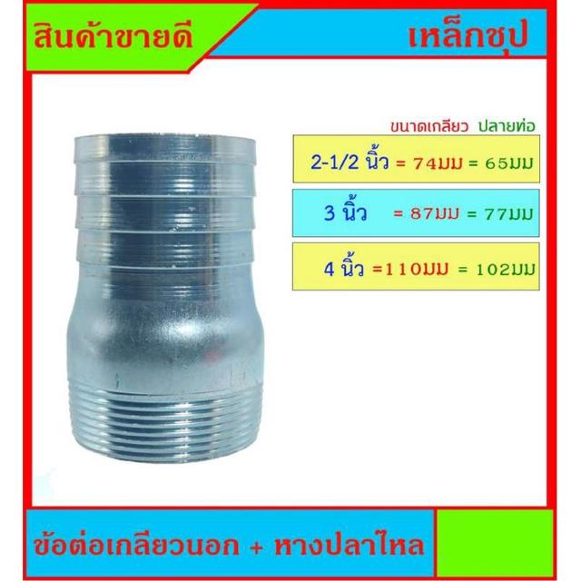 ข้อต่อเกลียวนอก+หางปลาไหล เหล็กชุปซิ้งค์ มีขนาด 2-1/2 นิ้ว - 3 นิ้ว - 4 นิ้ว สำหรับต่อเกลียวสวมสายยาง ครับ