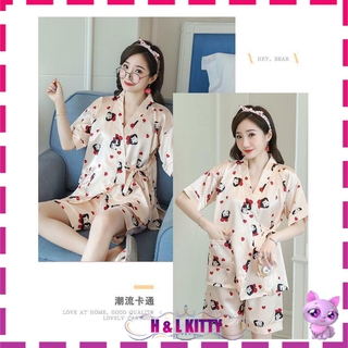 【H&amp;L KITTY】New Floral Printed Style Satin Suit Short Sleeve Pant Baju Tidur Wanita with Eye Mask 4 Design S1185