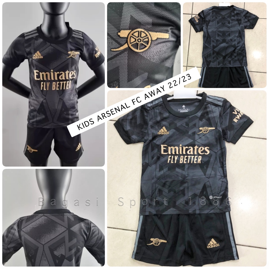 Hitam Arsnal Arsenaaal Kids Kids Kids Football Jersey Set Away Kit Tandang Black 2022 2023 เสื้อใหม่