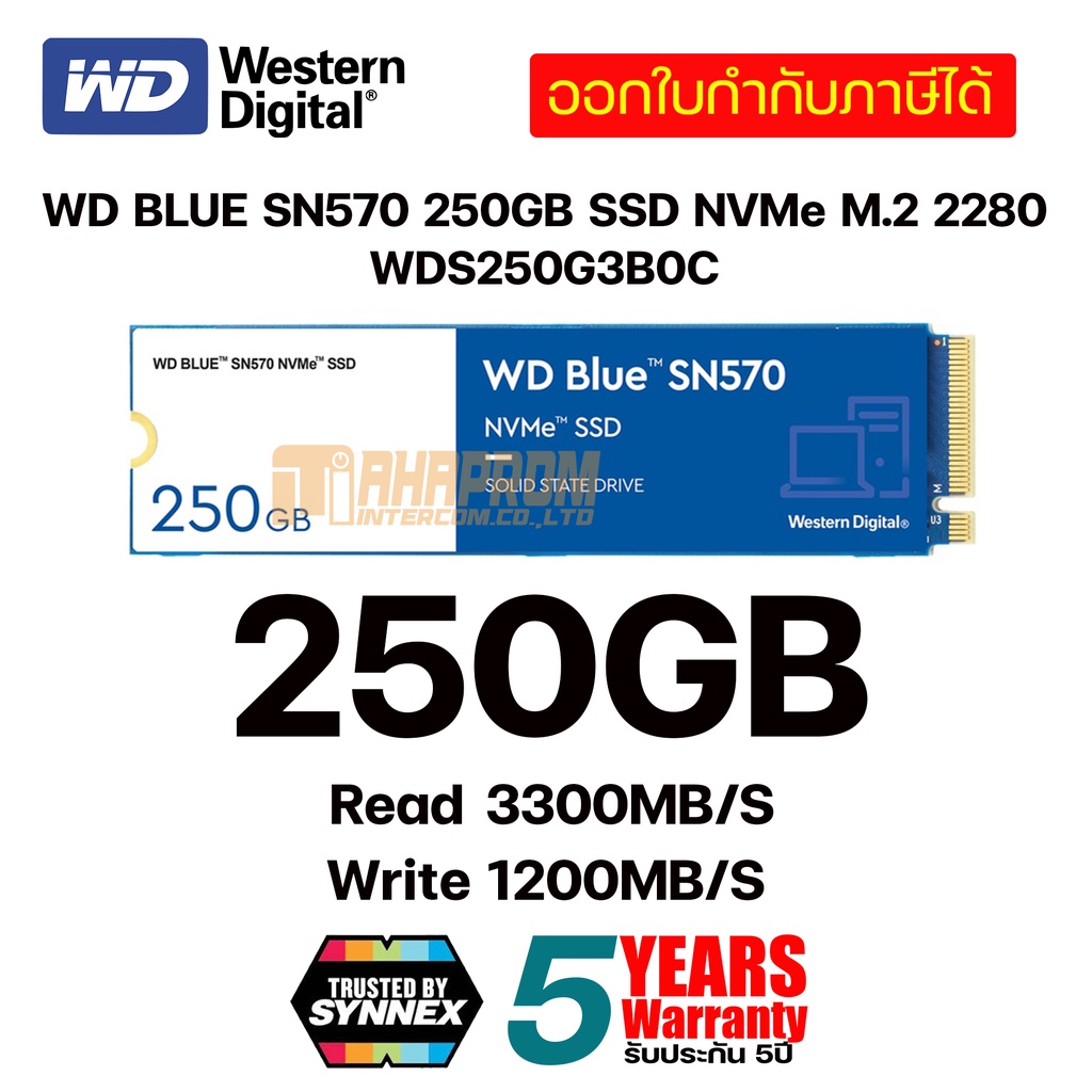 เอสเอสดี WD BLUE SN570 250GB SSD NVMe M.2 2280 (WDS250G3B0C | WDS500G3B0C | WDS100T3B0C) ประกันศูนย์ 5ปี.