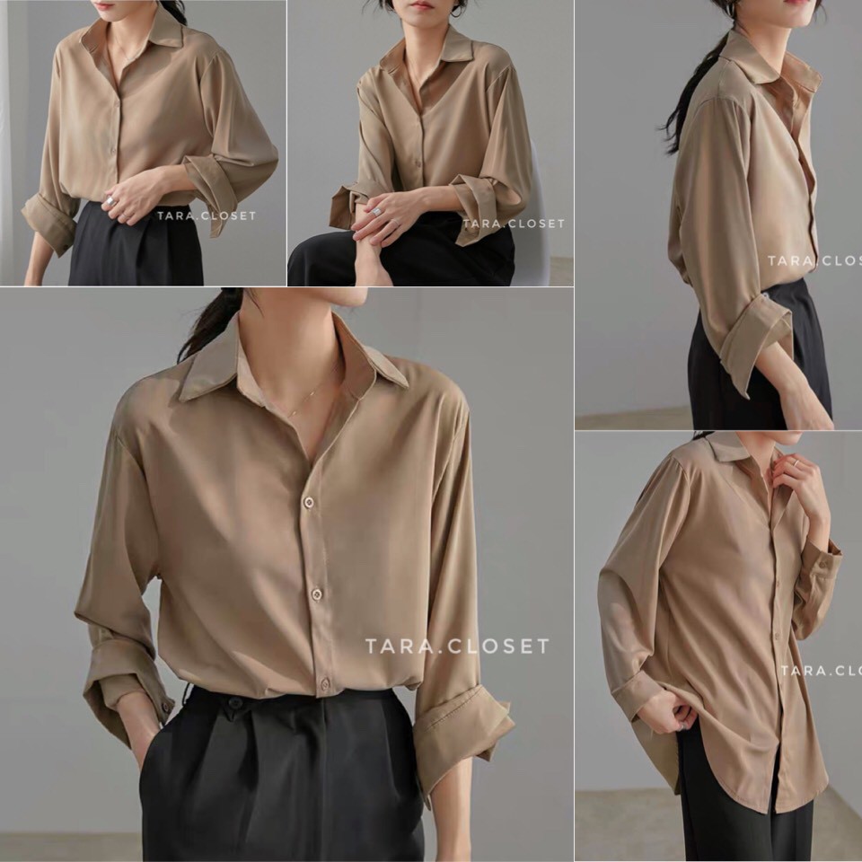 IT022 TARA Shirt Brown เสื้อเชิ้ตน้ำตาล คอปก รุ่นยอดฮิต แขนยาว มีกระดุมด้านหน้า ดีไซน์เก๋ ผ้าไหมอิตา