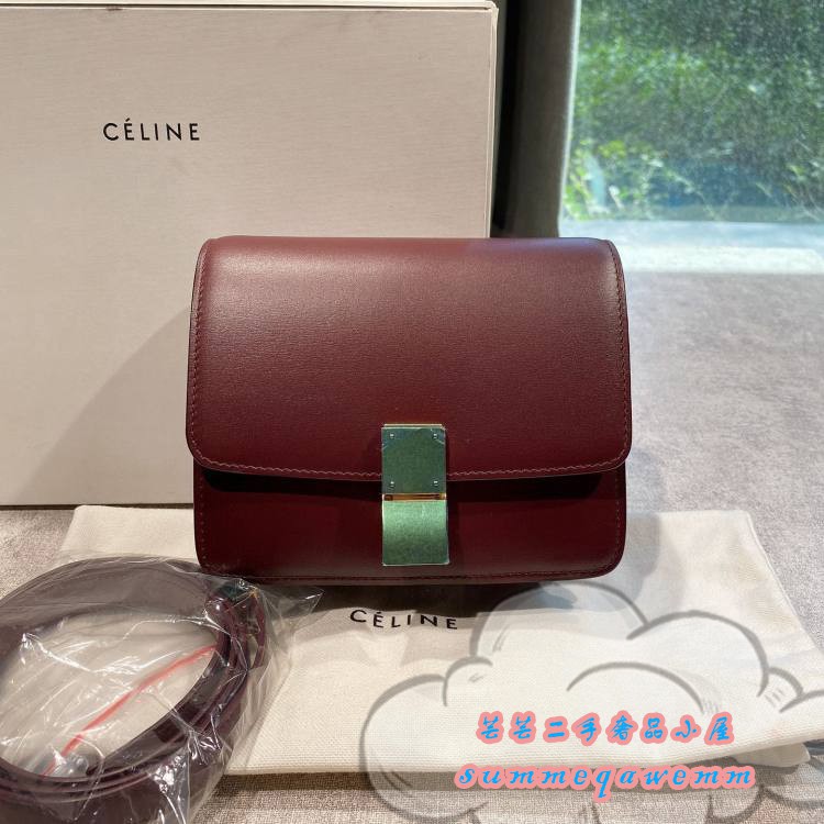 CELINE Celine Wine Red CLASSIC BOX MINI Tofu Bag/กระเป๋าสี่เหลี่ยมเล็ก/กระเป๋าสะพาย/กระเป๋าสะพายข้าง