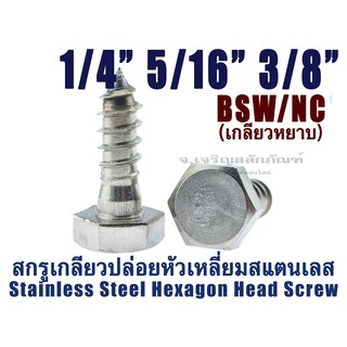 สกรูเกลียวปล่อยหัวเหลี่ยมสแตนเลส 1/4" 5/16" 3/8" (แพ็คละ 1 ตัว) เกลียวปล่อยปลายแหลม น็อตหัวเหลี่ยมเกลียวปล่อย