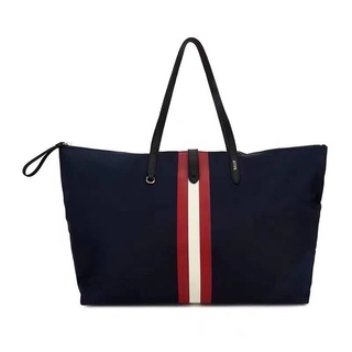 BALLY FOLDABLE NAVY NYLON RED STRIPE TOTE BAG กระเป๋าถือ สะพายไหล่ แบรนด์บัลลี่ กระเป๋าทรงโท้ท พับเก็บได้ ขนาด 23x13