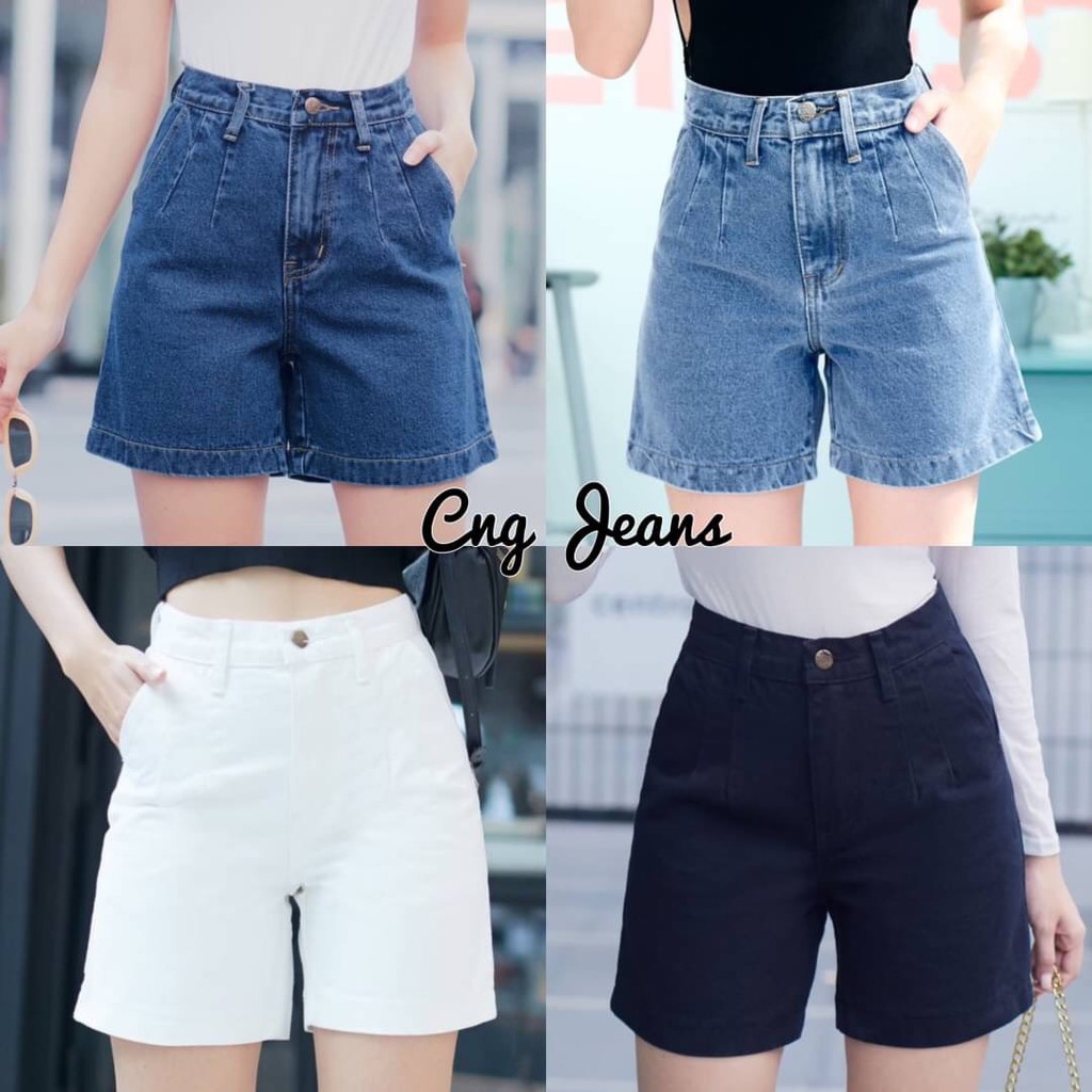2NaraJeans ยีนส์สามส่วน เอวสูง เอวจีบ วินเทจ ผู้หญิง ผ้าไม่ยืด สีเข้ม / สีอ่อน / สีขาว / สีดำ