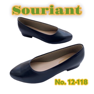 Souriant No.12-118 รองเท้าคัดชูหัวแหลมมน ซับในฟองน้ำเทา ส้นก้อนสูง 1 นิ้ว