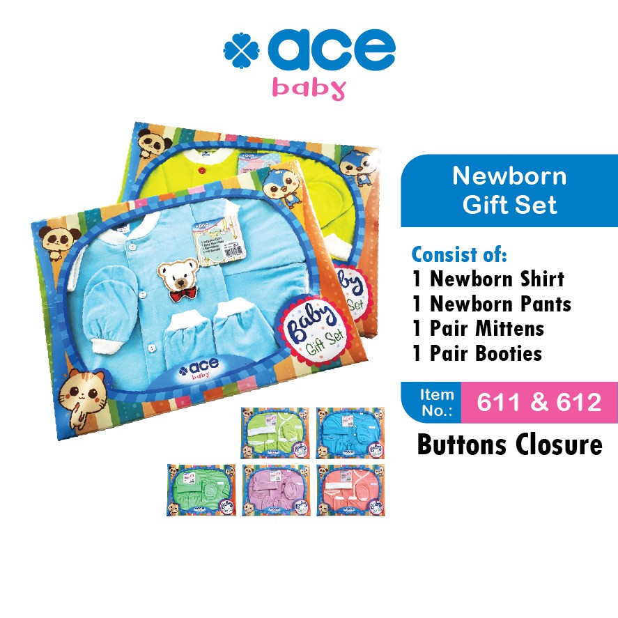 ACE BABY ทารกแรกเกิดชุด 4 ชิ้น Baju Tidur ทารกแรกเกิดผ้าฝ้ายเสื้อแขนยาว, กางเกงขายาว, Mittens & Boot