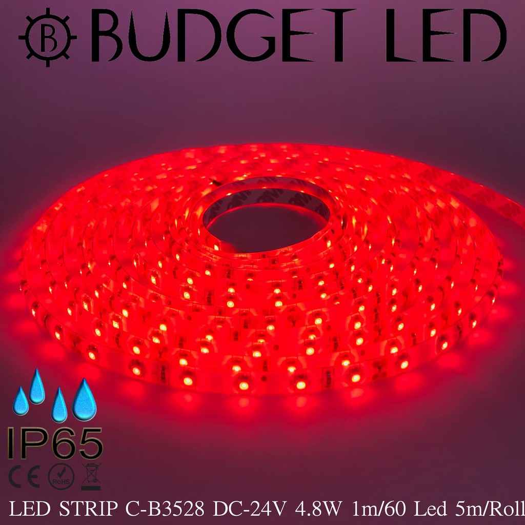 LED STRIP C-B3528-60-RED DC-24V 4.8W/1M IP65 ยี่ห้อBUDGET LED แอลอีดีไฟเส้นสำหรับตกแต่ง 300LED/5M 24