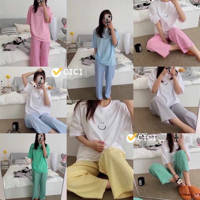 ส่งทันที Cici(SALE. C2096)ชุดเช็ตเสื้อยืด+กางเกงขายาวลายสก๊อต ใส่เล่นใส่นอนก็ได้ ผ้าใส่สบาย