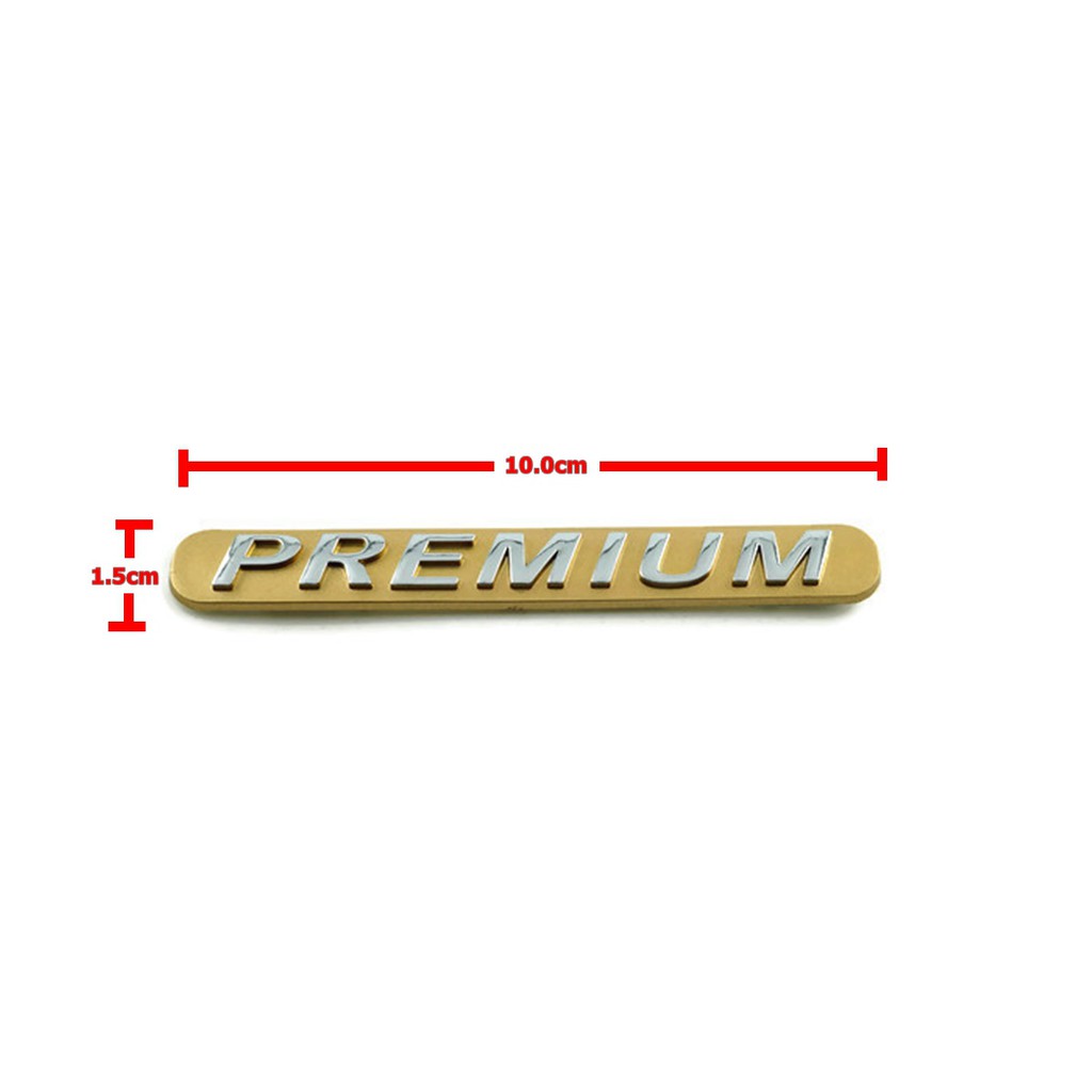ป้ายโลโก้ PREMIUM พลาสติก ตัวหนังสือสีโครเมี่ยม พื้นสีทอง ขนาด 10.0X1.5 cm ติดตั้งด้วยเทปกาวสองหน้าด้านหลัง ราคา ถูกที่สุด ดีลบีเคเค