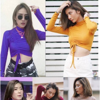 💯ครอปท๊อป คอปีนแต่งเชือกหน้า แขนยาว ทรงเก๋ ผ้าเรย่อน งานคุณภาพ💯