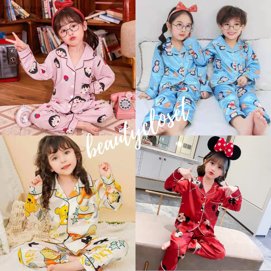 ชุดนอนเด็ก‍ ชุดนอนลายการ์ตูนผ้าซาติน ชุดนอนเด็กใส่ได้ทั้งเด็กผู้ชายและเด็กผู้หญิง ชุดนอนเด็กผ้าซาติน ผ้ามันลื่น สวยมากๆ