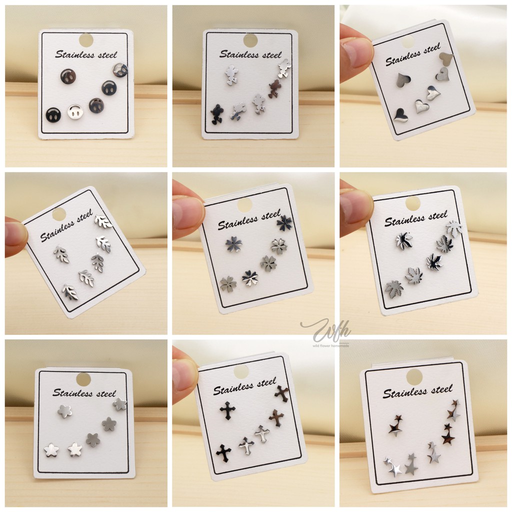 WFH ต่างหู set 3 คู่ สแตนเลสสีเงิน มีหลายลาย – โปรปัง
