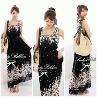 พร้อมส่ง!!!Maxidress แขนกุด ผ้าชีฟองพิมพ์ลายดอกไม้ มีซับใน