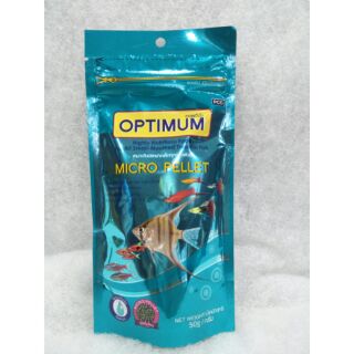 Optimum micro pellet อาหารปลาปากเล็กทุกสายพันธุ์  บรรจุ 50 กรัม 1 ซอง