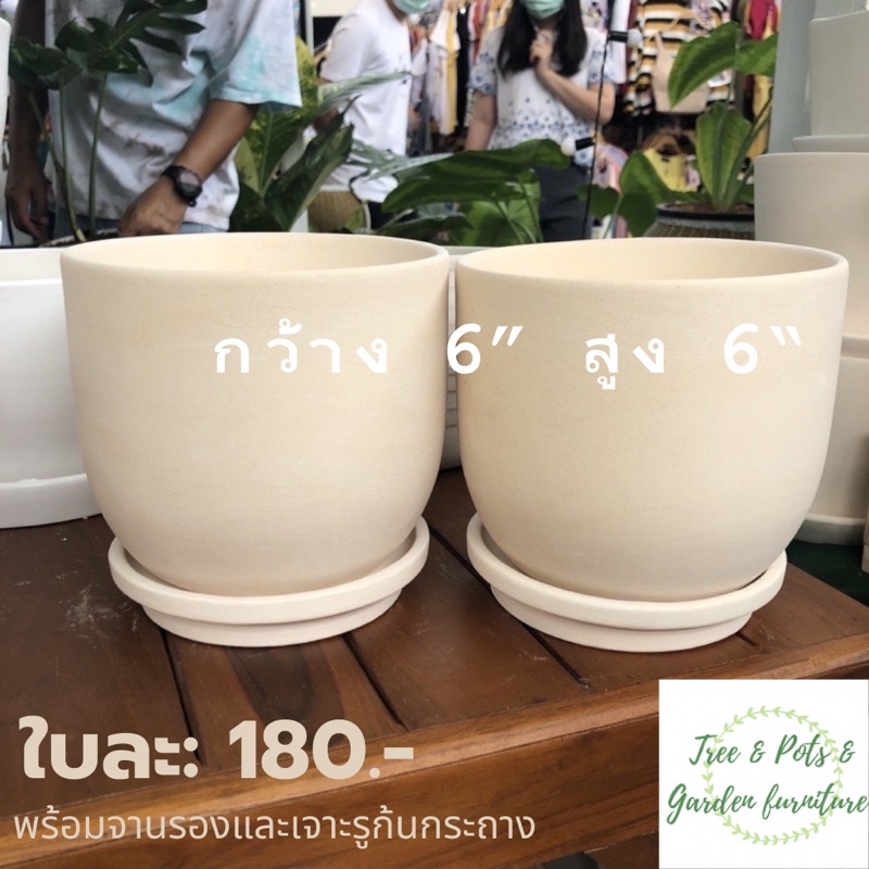 กระถางดินเผา กระถางต้นไม้ กระถางปลูกต้นไม้พร้อมจานรอง ขนาด 6” สูง 6” กระถางดินเผาสีขาว