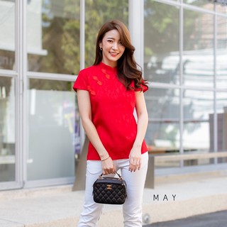 📌ทักก่อนสั่ง📌เสื้อคอจีนแขนสั้น ผ้าลูกไม้ สีแดง ตรุษจีน อก40” MAY