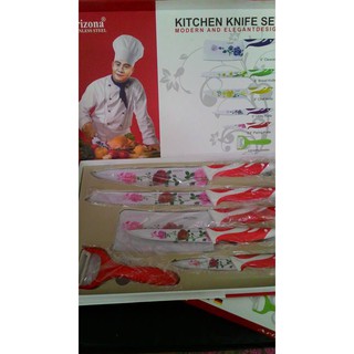 ชุดมีดเซรามิค 6 ชิ้น Ceramic Knife Set ลายดอกไม้ สีเขียวและสีแดง