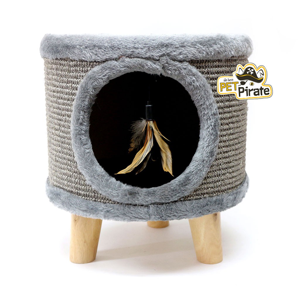 ของเล่นแมว เก้าอี้บ้านแมว สตูลทรงกลม หุ้มพรม+เชือกข่วนเล็กรอบด้าน ขาไม้ยกสูง แข็งแรง