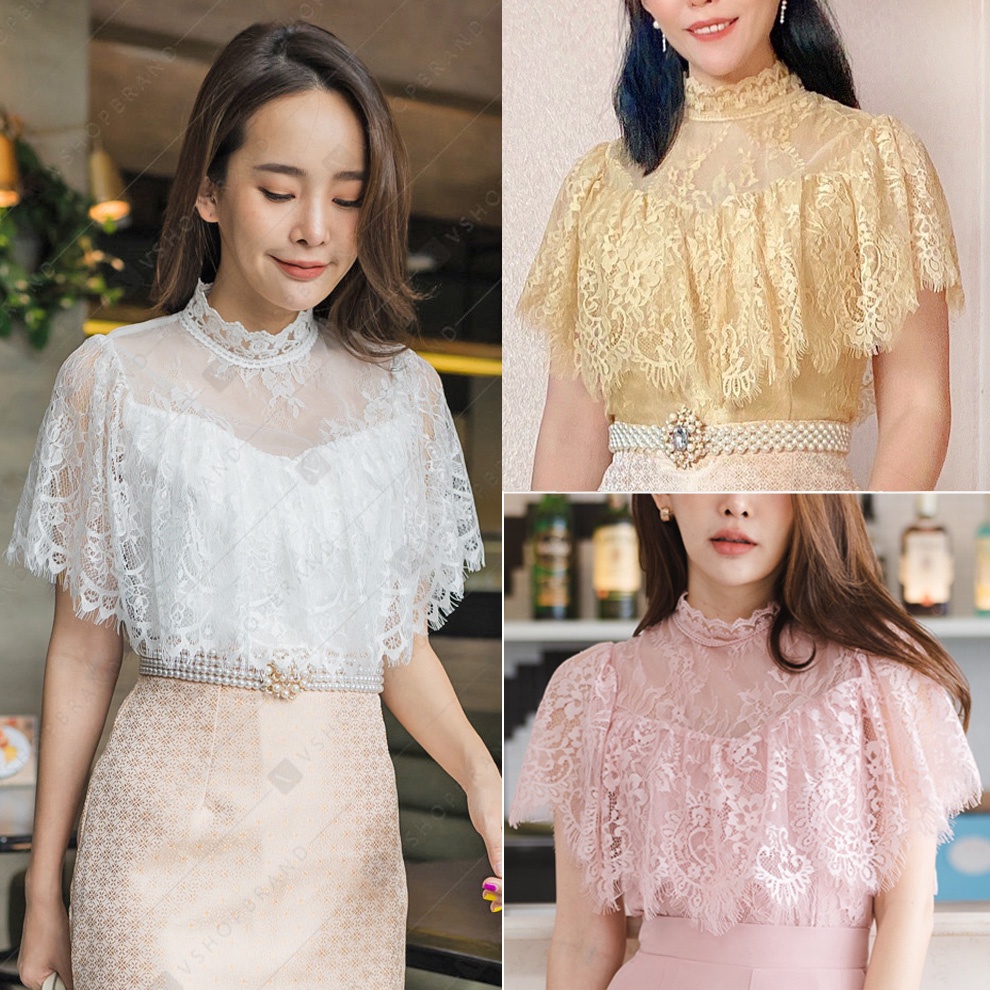 S-XXL เสื้อลูกไม้ใส่ไปงาน เสื้อชุดไทยประยุกต์ สีขาว/ชมพู/ทอง/ครีม