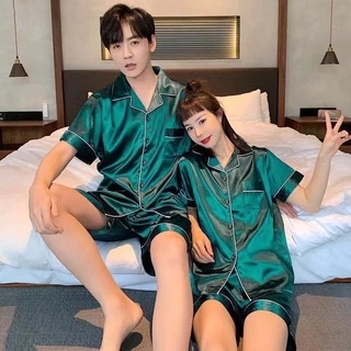 🍁2111🍁 ชุดนอนผ้าซาตินเสื้อแขนสั้น+กางเกงขาสั้น สีพื้น ไซส์ M-2XL ใส่ได้ทั้งชายและหญิง