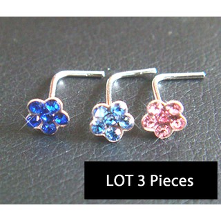 SALE จิวจมูก 3 ชิ้น งานเงิน ก้านหนา 18g 1 มิล ลายดอกไม้ หลากสี