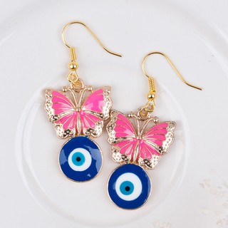 ต่างหูแฟชั่น ผีเสื้อชมพูอีวิลอาย โลหะสีทอง  ขนาด 50x21mm , 1 คู่