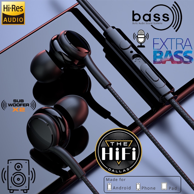 หูฟังชนิดใส่ในหู หูฟังสเตอริโอไดรเวอร์ไดนามิก หูฟัง 9D HiFi Bass พร้อมไมโครโฟน การควบคุมสายไฟ หูฟังแบบมีสาย ชุดหูฟังพกพา