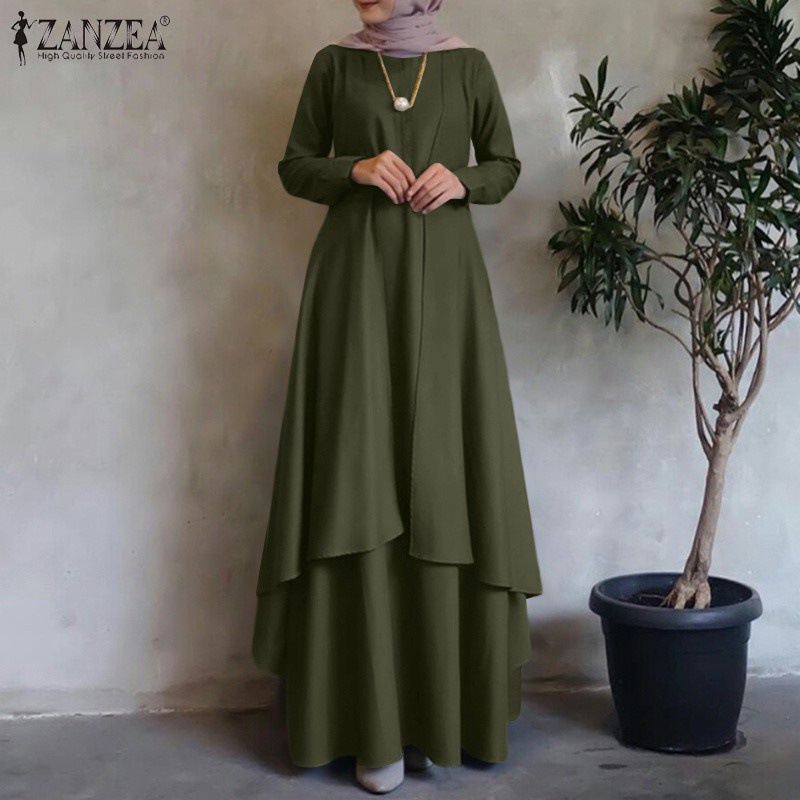 Zanzea ชุดแม็กซี่เดรส คอกลม แขนยาว สีพื้น สไตล์มุสลิม สําหรับผู้หญิง