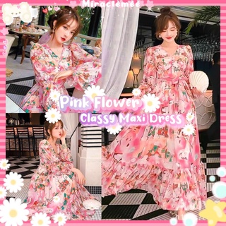 Pink Flower Maxi Dress เดรสลายดอกไม้ ผ้าชีฟอง แขนยาว โทนสีชมพูหวานๆ แต่งหางปลาพริ้ว เดรสกระโปรงยาว งานป้าย Beidi