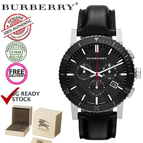 Burberry BU9382 Black Dial Chronograph Black Leather Men's Watchนาฬิกาแฟชั่นผู้ชาย