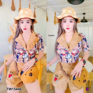 TW15446  Set 2 ชิ้น เสื้อทรงครอปแขนสั้น คอปกผ้าลูกฟูก ติดกระดุม + กางเกงขาสั้นผ้าลูกฟูกปักน้อนหมี