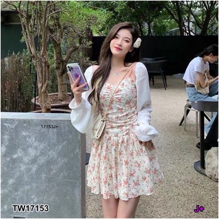 TwinsShopVip💗พร้อมส่ง TW17153 มินิเดรสสายเดี่ยวลายดอกแขนชีฟอง One-shoulder floral chiffon mini dress