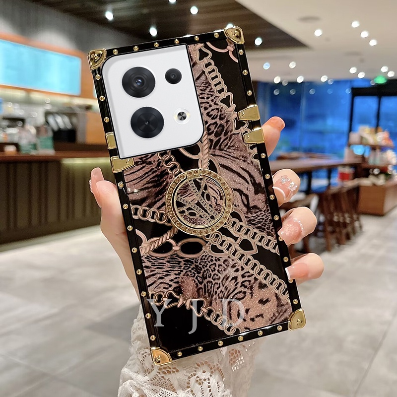 YJD สําหรับ OPPO Reno8 Pro Reno8 Z Reno7 Pro 7Z Reno6 Pro 6Z Gold Chain เสือดาวพิมพ์ขอบตรงกันกระแทกเ