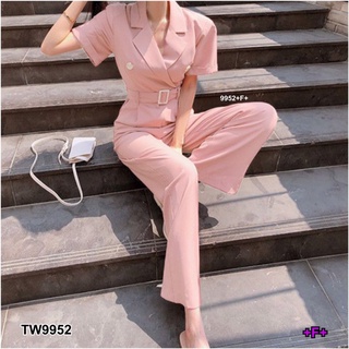 SK9952 Jumpsuit จั้มสูทขายาว คอปก แขนสั้นแต่งพับ อกแต่งกระกระดุม งานผ้าซาร่าสีพื้น เอวสม็อคหลัง มีซิปหลัง + สายเข็มขัด