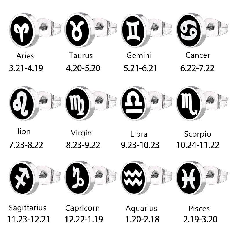 1pair Punk 12 Constellation Stainless Steel Zodiac Stud Earrings Couple