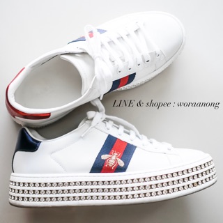 brandname ใช้เอง ส่งต่อ | 𝕦𝕤𝕖𝕕 𝕝𝕚𝕜𝕖 𝕟𝕖𝕨 Gucci Crystal-embellished Ace Sneakers size 38 รุ่นหายาก  ✅ ของแท้ 💯%  ✅