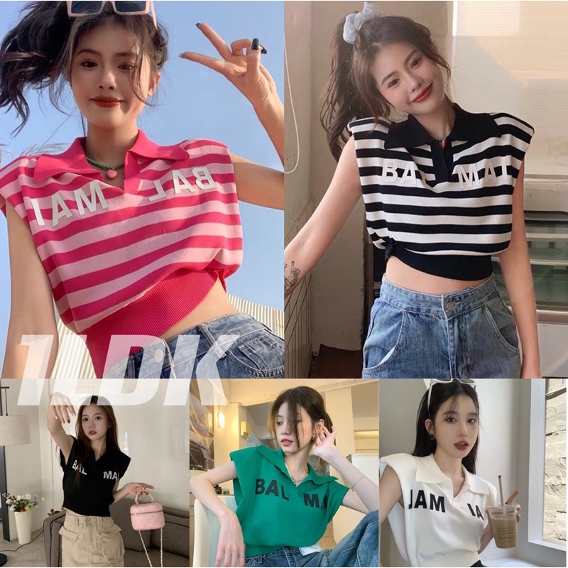 1LDK พร้อมส่ง เสื้อไหมพรม เสื้อครอป คอปก รัดเอว แขนกุดแต่มีปลายเสื้อยื่นออกมา(25050)
