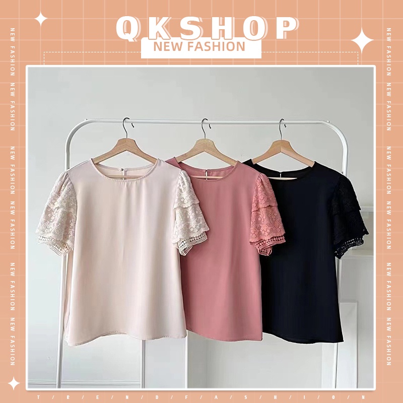 QKshop เสื้อสีพื้น แต่งด้วยแขนเสื้อลายลูกไม้💐 หรูหราสุดๆ 4 สีด้วนกัน🌈 สไตล์ผู้ดี สดใสมาก💚