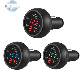 redkee 3 in 1 12/24 v เกจมิเตอร์ดิจิตอล led+เครื่องวัดอุณหภูมิ+usb charger uk สําหรับติดรถยนต์