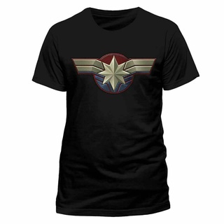 เสื้อยืดแฟชั่นผู้ชายคอกลมผ้าฝ้ายพิมพ์ลายโลโก้ Marvel Captain เสื้อยืด discountVC@