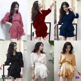 J6981 Set 2 ชิ้น เสื้อคอจีน + กางเกง + สายผูกเอว