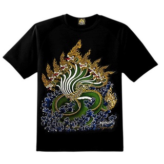 เสื้อยืดลายไทย เสื้อยืดลายพญานาค 9 หัว เสื้อยืดคอกลม สีดำS-3XL